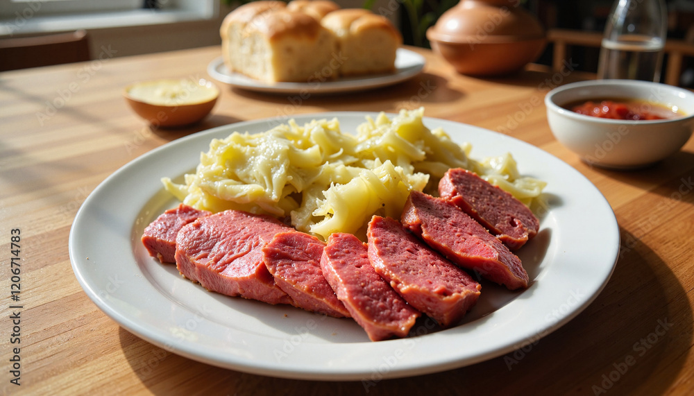 Sliced corned beef and cabbage on a wooden table Sliced corned beef and cabbage on a wooden table