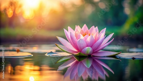 Water lily blooms in pink hues on a serene lake background, serene, flora,  serene, flora, calming, floral