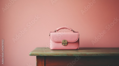 Pink purse on wooden table