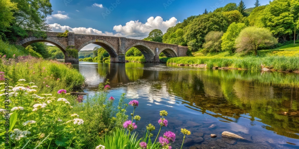 Fototapeta premium Serene riverbank scene at Bellever Bridge over the East Dart River