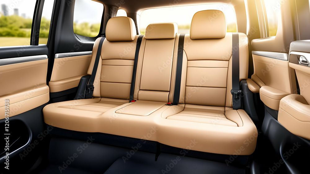 Fototapeta premium Luxurious SUV backseat, tan leather, sunny day, city park background, travel advertisement