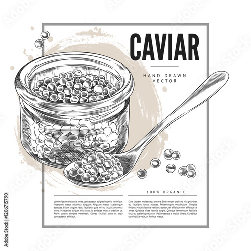 Vector poster with exquisite fish roe in glass jar with a spoon on white background.