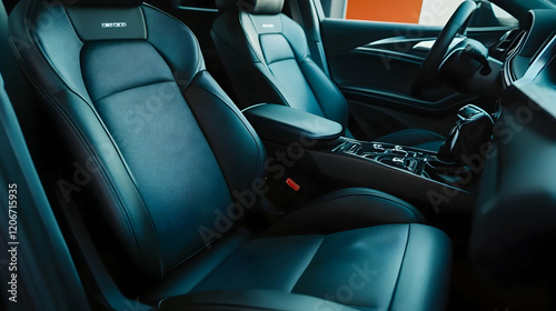 Luxury car interior, front seats, modern design, dark blue leather, parked in garage, showcasing comfort for automotive advertising photo