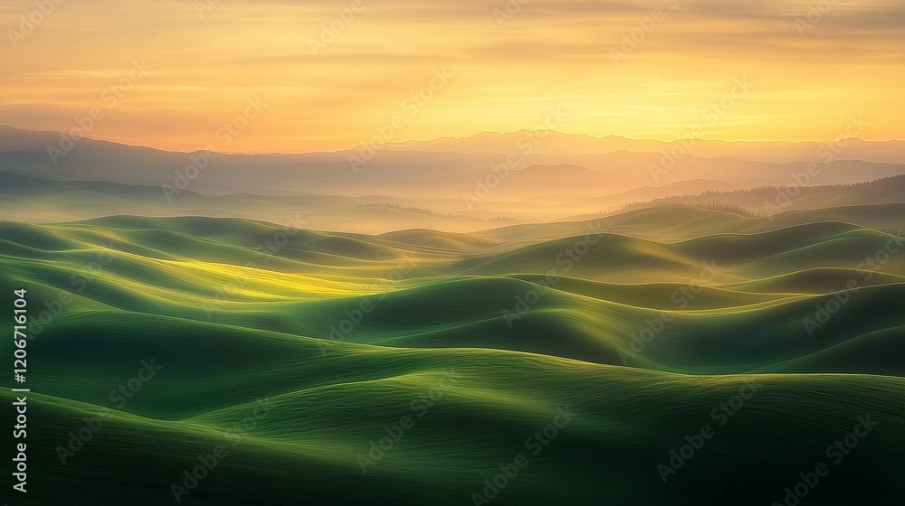 Obraz premium A tranquil view of rolling green hills bathed in the soft glow of sunrise, creating an abstract and dreamlike atmosphere that feels peaceful and surreal
