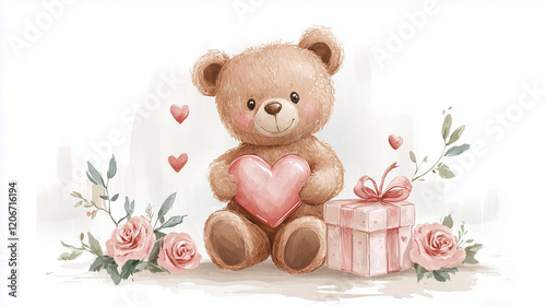 Illustration Cute teddy bear with heart, roses, and gift box, clipart for Valentine's Day photo