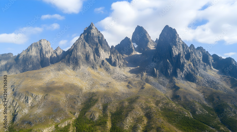 Naklejka premium Majestic mountain range under a bright sky, showcasing rugged peaks and valleys; ideal for travel brochures