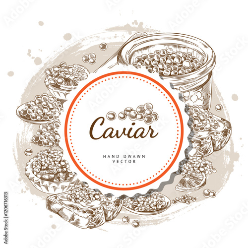 Monochrome round frame illustration of caviar in a jar, on a spoon, in a tartlet and sandwich.