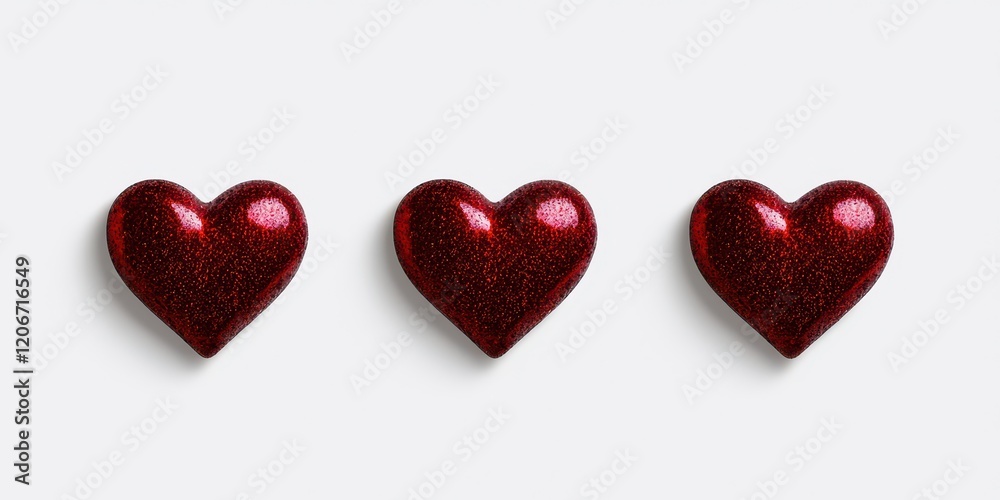 Obraz premium Three shiny red hearts arranged on a white background, symbolizing love and affection.