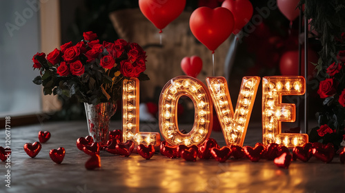 Romantic Valentine's Day Decor: Heart Light Bulb with Roses, Balloons, Red Flowers, and Candles for Perfect Ambiance photo