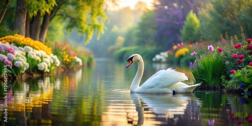 Obraz premium Serene lake scene with a majestic white swan floating on calm water surrounded by lush greenery and vibrant flowers, tranquil, beautiful landscape