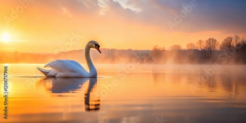 A serene swan floats on calm water at dawn's early light as morning sun rises high in the sky with soft warm hues of pink orange and yellow , Dawn, Calm