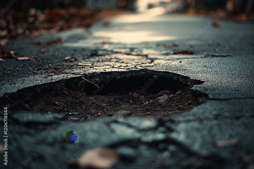Close-up of a large pothole in asphalt road. Close-up of a large pothole in asphalt road.