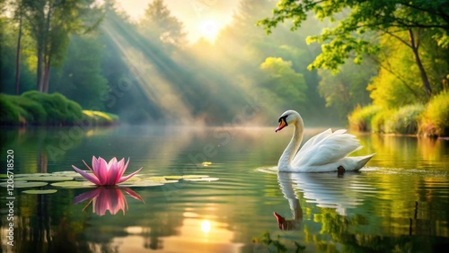 Fototapeta Naklejka Na Ścianę i Meble -  Water lily and swan in a serene lake scene with soft sunlight filtering through the water and lush greenery surrounding the peaceful lake , lake, reflection
