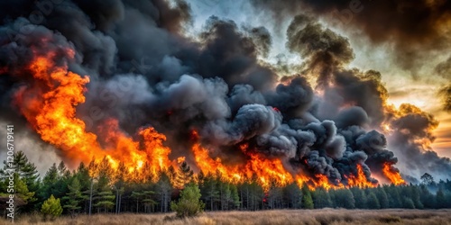 Dark swirling smoke billowing from a crackling forest fire as flames dance across dry underbrush , forest fire, dramatic black smoke