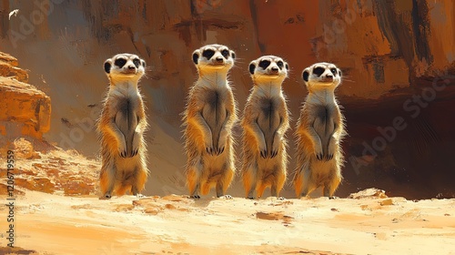 A group of meerkats standing alert in the desert, capturing the essence of curiosity and desert life photo
