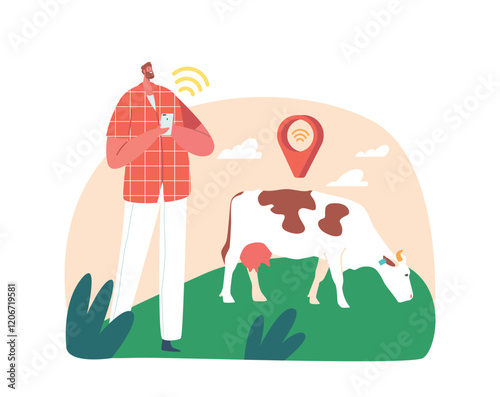 Farmer Male Character Tracks Cow Livestock Using Gps Technology, Ensuring Efficient Grazing Patterns