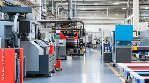 Modern factory interior showcasing industrial machinery, production line, and clean workspace. Ideal for illustrating manufacturing, industry, or technology concepts
