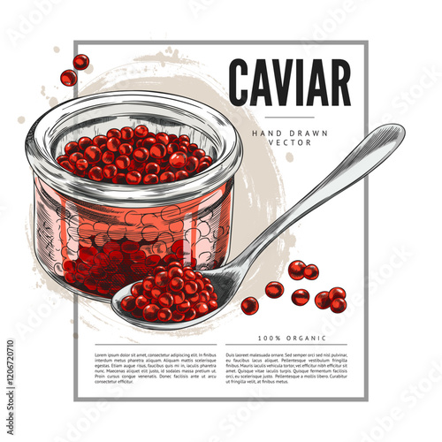 Vector poster with red caviar in a glass jar with a spoon on white background