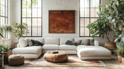 Modern sectional sofa in loft apartment, sunlit photo