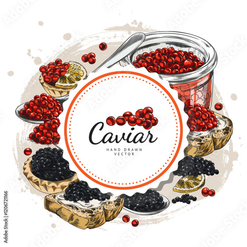 Watercolor illustration of black and red caviar around a round frame.