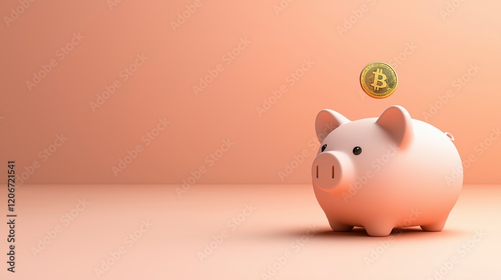 Piggy bank with Bitcoin coin falling into it on a soft peach background emphasizing digital currency investment Piggy bank with Bitcoin coin falling into it on a soft peach background emphasizing digital currency investment
