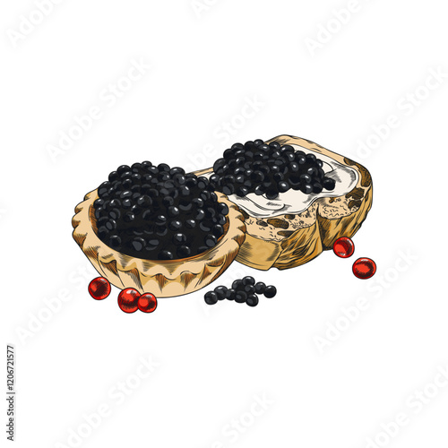 Watercolor sketch of gourmet black caviar appetizer on sandwich and tartlet, hand drawn vector.