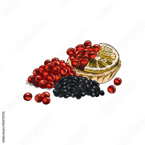 Engraved watercolor illustration of red and black caviar with lemon in tartlets.