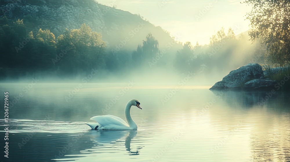 A graceful white swan gliding across a tranquil lake at sunrise, showcasing serenity and elegance A graceful white swan gliding across a tranquil lake at sunrise, showcasing serenity and elegance