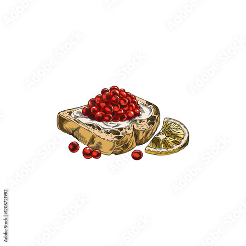 Vector illustration of a sandwich with red caviar, butter, baguette and a slice of lemon