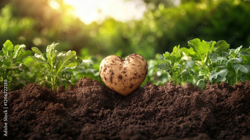 Bountiful Harvest: Heart-shaped Potato in Soil Surrounded by Lush Vegetables in Farm Field Bountiful Harvest: Heart-shaped Potato in Soil Surrounded by Lush Vegetables in Farm Field