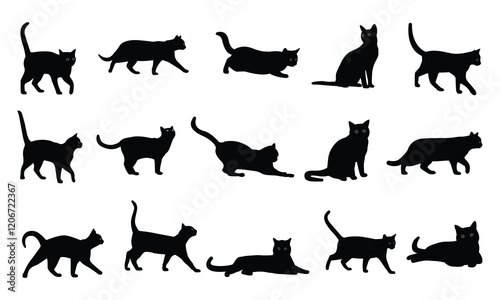 Set of silhouette cats in different poses. Isolated black cat on white background. Vector illustration of elements for design decoration.