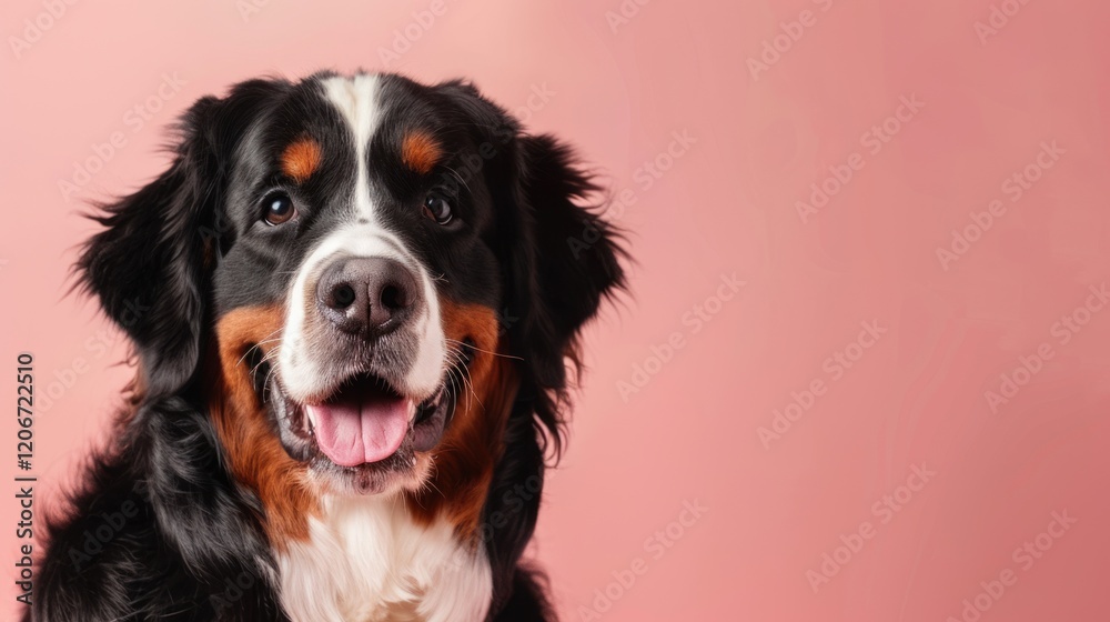 Happy Bernese Mountain Dog portrait, pink background, studio shot, pet adoption Happy Bernese Mountain Dog portrait, pink background, studio shot, pet adoption
