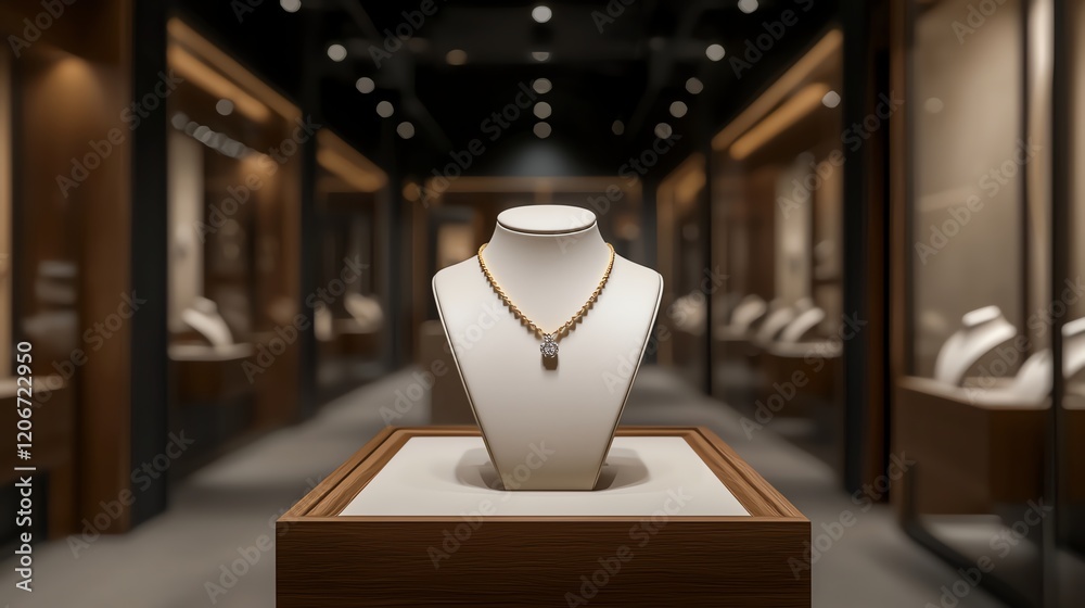 A sleek jewelry display showcases an elegant necklace on a stand, surrounded by well-lit glass cases in a luxurious boutique setting.