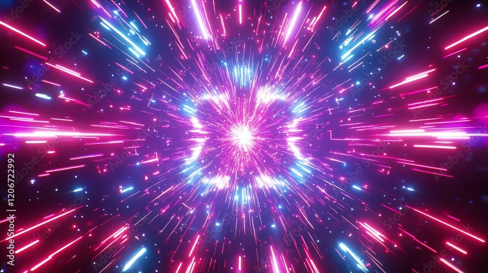 Naklejka premium Neon light streaks explode from center in dark space; cosmic background; futuristic design