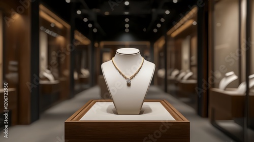Obraz na płótnie A sleek jewelry display showcases an elegant necklace on a stand, surrounded by well-lit glass cases in a luxurious boutique setting. w salonie