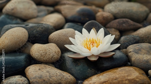 Serenity in Bloom: Lotus Flower and Spa Stones in Tranquil Rock Garden Setting