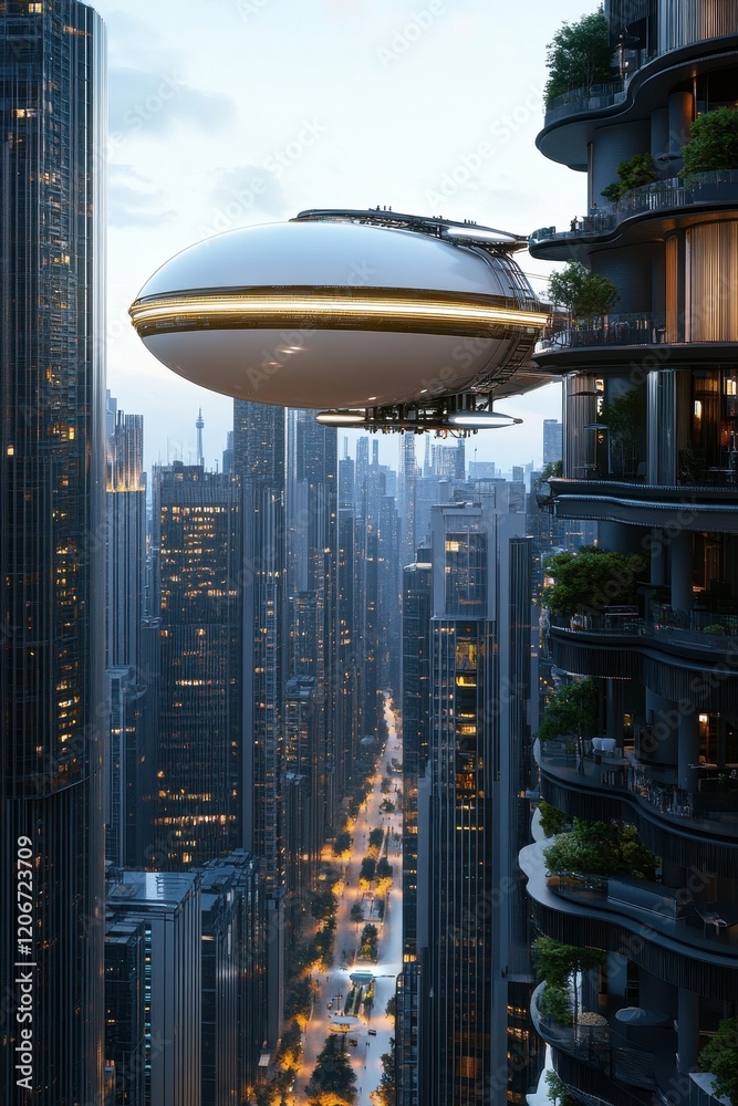 Naklejka premium Hydrogen-Driven Airship Hovering Over a Sustainable Eco-Friendly Landscape