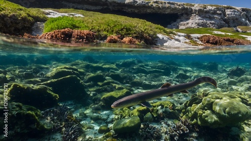 European Eel Swimming Near Rocky Shoreline, Surrounded by Seaweed and Marine Life