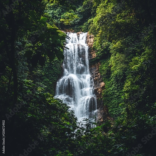Lush jungle waterfall cascades, vibrant greenery, serenity, travel brochure