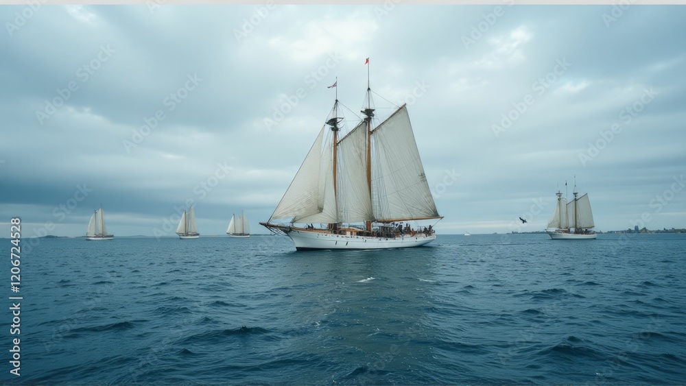 Fototapeta premium Classic Sailing Ships Gracefully Navigate Ocean Waters
