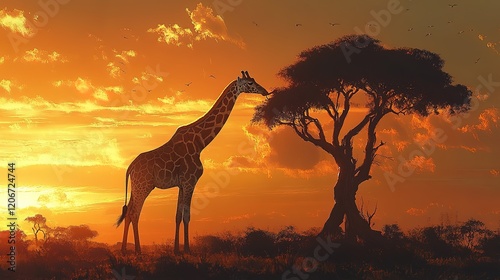 A giraffe eating from the top of a tree in the African savanna, emphasizing its height and elegance