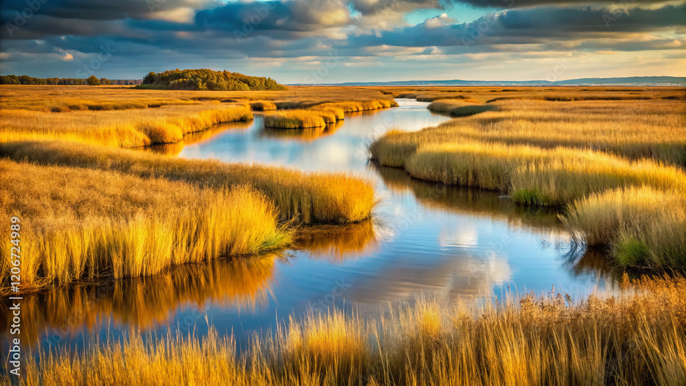 Lush marsh landscape with winding river and golden grasses under dramatic sky