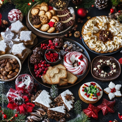 Festive Christmas desserts spread, dark background, holiday decor, food photography photo