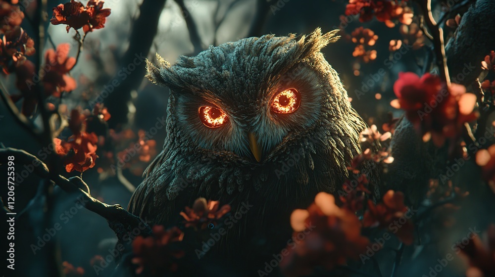 Glowing-eyed owl perched on a flowering branch at night. Glowing-eyed owl perched on a flowering branch at night.