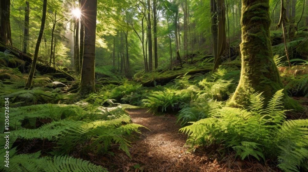 Sunlit Path Through Lush Green Forest with Ferns and Mossy Trees Sunlit Path Through Lush Green Forest with Ferns and Mossy Trees
