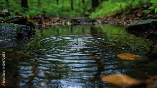 split scene with a calm pond on the left showing a single drop causing ripples and a stagnant pond on the right becoming increasingly polluted. 