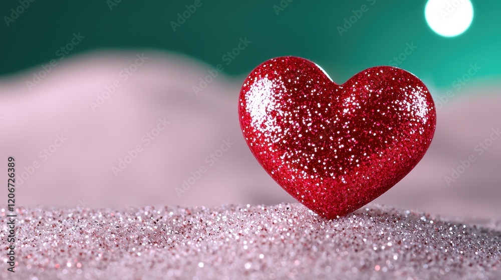 Fototapeta premium Sparkling Red Glitter Heart on Shimmering Background Romantic Valentine s Day Decoration