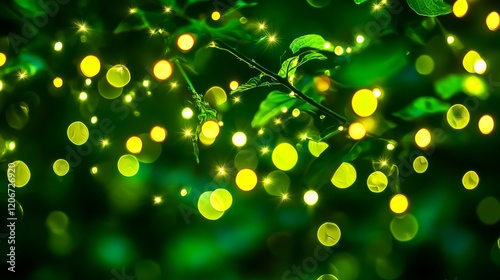 Glowing orbs of light amidst vibrant green leaves creating a magical and enchanting atmosphere in nature