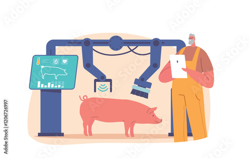 Farmer Manage Pigs Washing Process At Smart Farm Using Robot Machine with Water Jets And Brushes. Automated Technology