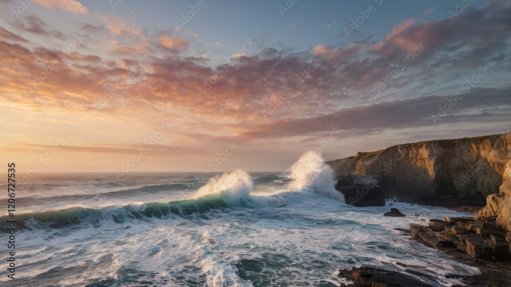 Fototapeta premium Waves crashing on rocky coastline at sunset with dramatic clouds in sky